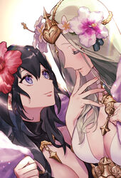  2girls blue_eyes blue_hair breasts byleth_(female)_(fire_emblem) byleth_(female)_(summer)_(fire_emblem) byleth_(fire_emblem) cleavage closed_eyes closed_mouth fire_emblem fire_emblem:_three_houses fire_emblem_heroes flower green_hair hair_flower hair_ornament holding large_breasts long_hair multiple_girls nakapipo official_alternate_costume parted_lips rhea_(fire_emblem) rhea_(summer)_(fire_emblem) swimsuit upper_body 