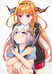  2girls absurdres ahoge amane_kanata angel arms_around_neck black_hairband black_jacket black_shorts blonde_hair blue_eyes blue_hair blue_shirt blunt_bangs bow colored_inner_hair commentary diagonal-striped_bow diagonal_stripes dragon_girl dragon_horns grey_hair hair_between_eyes hairband halo highres holding_another&#039;s_arm hololive horn_bow horn_ornament horns hug hug_from_behind jacket jewelry kiryu_coco light_blush long_hair long_sleeves looking_at_another looking_down looking_up matching_ring multicolored_eyes multicolored_hair multiple_girls orange_hair outstretched_arms pink_hair pointy_ears pp_tenshi_t-shirt print_shirt purple_eyes red_eyes red_shorts ring shirt short_hair short_sleeves shorts sidelocks simple_background smile squatting streaked_hair striped striped_bow track_jacket very_long_hair virtual_youtuber wedding_ring white_background wife_and_wife xun_(xun124c41) yuri 