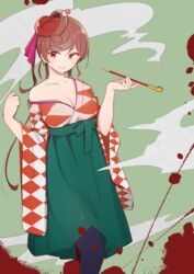  absurdres blood blood_splatter breasts brown_hair carrion1129 checkered_clothes checkered_kimono cleavage dango_hair_ornament female food-themed_hair_ornament hair_ornament heart heart_hair highres japanese_clothes kimono kiseru large_breasts long_hair off_shoulder red_eyes saga_prefecture smoke smoking_pipe yuugiri_(zombie_land_saga) zombie_land_saga 