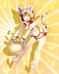  ahoge animal_ears ankleband barefoot bell brown_eyes cat_ears cat_tail female gold highres koban_(gold) maneki-neko midriff multicolored multicolored_shirt multicolored_tail neck_bell oerba_yun_fang patches shadow short_hair short_sleeves skirt smile sunyup tail touhou unnamed_cat_girl_(touhou) yen_sign 