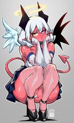  absurdres angel ass bare_shoulders bayeuxman black_wings breasts broken_halo colored_sclera colored_skin demon_girl demon_tail detached_sleeves female halo hands_on_own_cheeks hands_on_own_face high_heels highres horns looking_at_viewer medium_hair mismatched_sclera monster_girl orange_eyes original panties pointy_ears pout purple_sclera red_skin skirt slit_pupils solo tail thick_thighs thighhighs thighs underwear white_hair white_wings wide_hips wings 