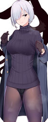  black_eyes black_panties breasts brown_pantyhose closed_mouth coat colored_eyelashes ear_piercing expressionless female fiona_frost gloves grey_coat grey_jacket hair_over_one_eye hands_up highres jacket kippuru large_breasts no_pants panties panties_under_pantyhose pantyhose piercing purple_sweater ribbed_sweater short_hair solo spy_x_family steaming_body sweater trench_coat turtleneck turtleneck_sweater underwear white_hair 