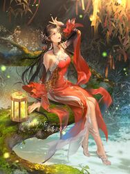  absurdres artist_request brown_hair cleavage_cutout clothing_cutout detached_sleeves dress facial_mark female forehead_mark full_body grass hair_ornament hair_rings highres huo_linger_(wanmei_shijie) lantern legs light_rays long_hair looking_up moss parted_lips red_dress sandals second-party_source sitting solo strappy_heels toes wanmei_shijie 