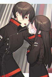  2girls bad_id bad_pixiv_id bags_under_eyes black_eyes black_gloves black_hair blush chromatic_aberration closed_eyes coat commentary_request facing_another food gloves hair_ribbon height_difference highres leaning_forward library_of_ruina long_hair long_sleeves looking_at_another michael_1987 mouth_hold multiple_girls open_mouth outline pocky pocky_kiss ponytail project_moon red_ribbon reverse_trap ribbon scar scar_on_face scar_on_nose shared_food short_hair sidelocks sweat tall_female tenma_(project_moon) white_outline yujin_(project_moon) yuri zipper_pull_tab 