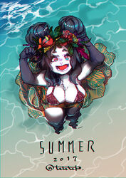  2017 5_fingers :d accessory anthro bear bikini bikini_top biped black_arms black_body black_eyebrows black_face black_fur black_hair black_hands black_legs blue_eyes breasts chest_tuft chromatic_aberration cleavage clothed clothing dark_eyebrows dark_hair dark_hands digital_media_(artwork) double_bun eyebrows female female_anthro fingers flower flower_in_hair fur fur_tuft giant_panda gloves_(marking) hair hair_accessory hi_res high-angle_view humanoid_hands kemono leaf leg_markings light_breasts light_nose light_pupils long_hair mammal markings medium_breasts monotone_breasts monotone_hair monotone_hands multicolored_body multicolored_eyes multicolored_fur open_mouth open_smile partially_submerged pink_bikini pink_clothing pink_swimwear plant pupils red_eyes red_tongue shoronpo smile socks_(marking) solo standing swimwear teeth teteteko tongue topwear tuft two_tone_arms two_tone_body two_tone_eyes two_tone_face two_tone_fur two_tone_legs water white_arms white_body white_breasts white_face white_fur white_legs white_nose white_pupils 