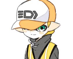  1boy animated animated blonde_hair comamawa frown green_eyes grey_jacket hat inkling inkling_boy inkling_player_character jacket long_sleeves looking_at_object looking_at_viewer male_focus one_eye_covered pointy_ears short_hair simple_background source_request splatoon_(series) splatoon_2 upper_body white_background yellow_headwear yellow_jacket 