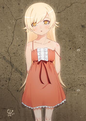  arms_behind_back bare_shoulders blonde_hair commentary dress feet_out_of_frame female flat_chest huumoon kiss-shot_acerola-orion_heart-under-blade kizumonogatari long_hair monogatari_(series) orange_eyes oshino_shinobu parted_lips pink_dress pointy_ears see-through shoulder_blush sleeveless sleeveless_dress solo strap_slip wall yellow_eyes 