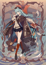  animal_ears arknights bear bear_ears beret black_footwear black_skirt blue_eyes blue_hair book bookshelf border braid braided_ponytail breasts brown_cardigan brown_coat brown_hat cai_mu_you cardigan chinese_commentary closed_mouth clothes_writing coat collared_shirt commentary_request confetti envelope feathers female full_body glasses hair_ornament hat highres holding holding_book holding_envelope istina_(arknights) kneehighs light_blue_hair light_smile loafers long_hair looking_at_viewer miniskirt monocle neck_ribbon open_book outstretched_arm paper pleated_skirt red_ribbon red_socks ribbed_legwear ribbon semi-rimless_eyewear shirt shoes skirt small_breasts smile socks solo standing star_(symbol) star_hair_ornament strap stuffed_animal stuffed_toy teddy_bear train tree white_shirt wing_collar 