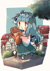  absurdres bag baguette black_footwear blunt_bangs blush bow bread building bush chibi cobblestone commentary day feline female food full_body green_skirt hairbow highres holding japanese_clothes kimono kotonoha_aoi long_hair long_sleeves open_mouth outdoors oyasumi_makura paper_bag pink_kimono red_eyes shoes skirt smile socks striped striped_bow voiceroid white_legwear wide_sleeves 