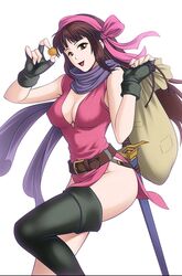  bag belt breasts brown_eyes brown_hair coin daisy_(fire_emblem) female fingerless_gloves fire_emblem fire_emblem:_genealogy_of_the_holy_war gloves hairband holding holding_coin long_hair looking_at_viewer medium_breasts no_panties rakusai_(saisai_garou) sword upper_body very_long_hair weapon 