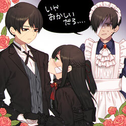  1boy 2girls alternate_costume apron ascot back_bow bad_id bad_pixiv_id bags_under_eyes bandage_over_one_eye bandaid bandaid_on_face bandaid_on_nose black_dress black_eyes black_gloves black_hair black_ribbon blush bow bowtie braid breast_pocket brown_eyes butler chromatic_aberration coat collar commentary_request crossdressing disgust dress eyepatch flower formal frilled_apron frilled_collar frilled_sleeves frills furrowed_brow gloom_(expression) gloves green_eyes hair_over_one_eye hair_ribbon height_difference highres holding_hands leaf library_of_ruina long_hair looking_at_another looking_up maid maid_headdress male_maid michael_1987 multiple_girls neck_ribbon pocket ponytail project_moon red_bow red_bowtie red_ribbon reverse_trap ribbon rose scar scar_across_eye scar_on_cheek scar_on_face scar_on_nose scowl shaded_face shirt short_hair sidelocks simple_background sparkle speech_bubble striped_clothes striped_vest suit sweat tall_female tenma_(project_moon) translated valentin_(project_moon) vertical-striped_clothes vertical-striped_vest vest white_ascot white_background white_gloves white_shirt yujin_(project_moon) yuri 