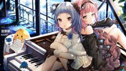  2girls azur_lane bad_link black_gloves blue_hair building douya_(233) dress flower gloves hair_flower hair_ornament headband instrument looking_at_viewer multiple_girls official_alternate_costume official_art on_piano petals piano pink_hair short_hair sitting sitting_on_object third-party_source u-556_(azur_lane) u-556_(party_knight!)_(azur_lane) u-81_(azur_lane) u-81_(soft_serenade)_(azur_lane) window 