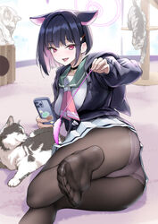  :d animal_ears ass black_choker black_hair black_jacket black_pantyhose blue_archive carpet cat_ears cat_teaser cellphone choker colored_inner_hair commentary_request drawstring extra_ears feet feline female foot_out_of_frame green_sailor_collar hair_ornament hairclip halo highres holding holding_phone hood hood_down hooded_jacket indoors jacket kazusa_(blue_archive) long_sleeves lying miniskirt multicolored_hair multiple_cats neckerchief no_shoes nylon_(nylon_100) on_floor on_side open_mouth panties panties_under_pantyhose pantyhose phone pink_hair pink_neckerchief pink_panties pleated_skirt reclining red_eyes sailor_collar see-through see-through_legwear shirt short_hair sidelocks skirt smartphone smile soles solo thighs toes two-tone_hair underwear white_shirt white_skirt 