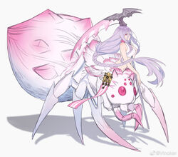  arachne arthropod_girl braid breasts colored_eyelashes commentary_request female from_side grey_background hair_between_eyes highres kumo_desu_ga_nani_ka? kumoko_(kumo_desu_ga_nani_ka?) light_purple_hair long_hair looking_at_viewer low-braided_long_hair low-tied_long_hair medium_breasts midriff monster_girl navel pink_eyes profile scythe shiraori sidelocks simple_background single_braid solo spider_girl spoilers taur very_long_hair vinoker weibo_watermark 