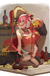  :d absurdres alcohol barrel black_coat black_footwear black_hat bloop_(gawr_gura) blush bodystocking boots bottle breasts brown_thighhighs cleavage coat coin commentary covered_navel cropped_jacket cup dokuro-kun_(houshou_marine) female full_body gold gold_coin hair_ribbon hat heart heart-shaped_pupils heterochromia highres holding holding_cup hololive houshou_marine houshou_marine_(1st_costume) jacket knee_up large_breasts long_hair long_sleeves miniskirt oerba_yun_fang off_shoulder open_clothes open_coat pirate_hat pouring pouring_onto_self red_eyes red_hair red_jacket red_ribbon red_skirt ribbon ruiuncle see-through see-through_cleavage skirt sleeveless sleeveless_jacket smile solo symbol-shaped_pupils thighhighs twintails virtual_youtuber wine wine_bottle yellow_eyes 