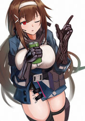  :o blue_jacket breasts brown_hair female girls&#039;_frontline hair_ornament hairband hairclip headphones highres holding holding_jar index_finger_raised jacket jar js_9_(girls&#039;_frontline) large_breasts lodbyy long_hair looking_at_viewer mechanical_arms one_eye_closed red_eyes solo standing very_long_hair white_background white_hairband 