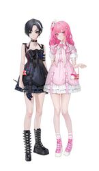  2girls bag bare_arms bare_shoulders black_bow black_eyes black_flower black_footwear black_hair black_ribbon boots bow chae_na-ra choker cross cross_earrings dress earrings flower frilled_dress frills full_body hair_ornament hand_up heart heart_hair_ornament highres holding holding_flower jewelry keishi_(shining_star) lolita_fashion long_hair multicolored_hair multiple_girls ohisashiburi pentagram pink_dress pink_eyes pink_footwear pink_hair pink_legwear puffy_short_sleeves puffy_sleeves rabbit_hair_ornament ribbon shining_star shoes short_hair short_sleeves simple_background socks standing striped_clothes striped_socks two-tone_hair white_background white_bow white_dress white_footwear white_hair 