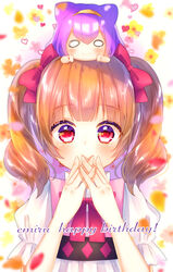  2girls aisaki_emiru blush bow brown_hair brown_hairband chibi chibi_on_head closed_mouth commentary cone_hair_bun covered_mouth dress floral_background hair_between_eyes hair_bun hairband hairbow hands_up heart highres hugtto!_precure interlocked_fingers looking_at_viewer multiple_girls o_o on_head own_hands_together precure puffy_short_sleeves puffy_sleeves purple_hair red_bow red_eyes ruru_amour short_sleeves signature smile twintails upper_body white_background white_dress xx_momomo_xx 