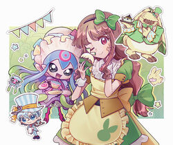  1boy 2girls ;) angoramon blue_eyes blue_hair blue_headwear bow bowtie brown_eyes brown_hair chibi chibi_inset closed_mouth commentary cookie_0630 cup cupcake digimon digimon_(creature) digimon_ghost_game dress food gradient_hair green_bow green_bowtie green_dress green_hair green_headwear green_jacket hairbow hand_on_own_cheek hand_on_own_face hat higashimitarai_kiyoshiro holding holding_cup horns jacket jellyfish jellyfish_girl jellymon long_hair looking_at_viewer monster_girl multicolored_hair multiple_girls oerba_yun_fang one_eye_closed open_mouth pink_eyes rabbit short_hair short_sleeves smile symbol-only_commentary teapot tentacle top_hat tsukiyono_ruli white_hair 