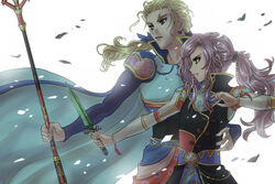  1boy alternate_weapon blonde_hair blue_eyes bracelet commentary_request dissidia_final_fantasy dissidia_final_fantasy_opera_omnia earrings edgar_roni_figaro faris_scherwiz female final_fantasy final_fantasy_5 final_fantasy_vi green_eyes hair_ribbon jewelry knife long_hair open_mouth parted_lips polearm ponytail popped_collar purple_hair ribbon sirotuka_lambda smile spear weapon white_background 