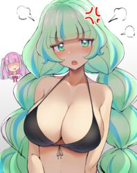  2girls aikatsu!_(series) aikatsu_planet! anger_vein ann_(aikatsu_planet!) bare_shoulders bikini black_bikini blue_hair blunt_bangs braid breasts cleavage collarbone green_eyes green_hair kurimu_ann large_breasts long_hair looking_at_viewer mukuba multicolored_hair multiple_girls open_mouth q-pit streaked_hair swimsuit teeth tsukishiro_ayumi twin_braids upper_body upper_teeth_only very_long_hair 