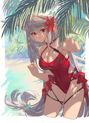  adapted_costume arknights beach breasts cleavage cowboy_shot criss-cross_halter cropped_legs female flower hair_between_eyes hair_flower hair_ornament halterneck hands_up hat highres large_breasts long_hair looking_at_viewer low-tied_long_hair low_ponytail ocean one-piece_swimsuit orca outdoors palm_leaf palm_tree red_eyes red_flower red_one-piece_swimsuit sand skadi_(arknights) skadi_the_corrupting_heart_(arknights) solo swimsuit tree very_long_hair water white_hat yktori 