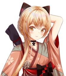  bad_id bad_pixiv_id black_choker blonde_hair blush boots choker collarbone commentary_request female girls&#039;_frontline gloves hair_between_eyes hair_ornament hair_ribbon hakama hakama_short_skirt hakama_skirt japanese_clothes jewelry kimono long_hair long_sleeves looking_at_viewer meiji_schoolgirl_uniform neck_ring official_alternate_costume ots-14_(flurry_of_petals)_(girls&#039;_frontline) ots-14_(girls&#039;_frontline) red_skirt ribbon ryn_(rinorea) sidelocks simple_background skirt smile solo standing very_long_hair yellow_eyes 