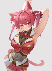  absurdres animal_ear_fluff animal_ears arm_behind_head armpits arms_up ascot bare_arms black_leotard blush breasts cat_ears cat_girl cat_tail cleavage closed_mouth cowboy_shot cropped_jacket female hair_between_eyes hair_ribbon highres hololive houshou_marine houshou_marine_(1st_costume) jacket large_breasts leotard long_hair one_eye_closed pleated_skirt red_ascot red_eyes red_hair red_jacket red_ribbon red_skirt ribbon ruiuncle see-through see-through_cleavage simple_background skirt sleeveless sleeveless_jacket solo standing tail twintails virtual_youtuber 