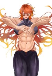  abs absurdres banryu_illust blonde_hair body_markings breasts detached_sleeves eyelashes facial_mark female fuuma_kotarou_(tenkaichi) gradient_hair halterneck highres lips long_hair messy_hair multicolored_hair muscular muscular_female orange_hair purple_legwear red_eyes red_hair rope_belt smile solo tenkaichi_nihon_saikyou_bugeisha_ketteisen thick_thighs thighs white_background 