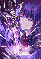  black_gloves blunt_bangs bow bowtie breasts cleavage close-up commentary_request detached_collar drawing_sword electricity female fingerless_gloves genshin_impact gloves gradient_background hair_ornament highres holding holding_sword holding_weapon human_scabbard japanese_clothes kutsuda_miru long_hair long_sleeves looking_at_viewer mitsudomoe_(shape) mole mole_under_eye musou_isshin_(genshin_impact) purple_eyes purple_hair raiden_shogun sidelocks simple_background solo sword tomoe_(symbol) weapon wide_sleeves 