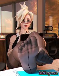  3d blonde_hair blouse business_woman dress_shirt feet fetish glasses legs mercy milapone nylons office office_lady overwatch pencil_skirt secretary skirt stockings toes white_blouse white_shirt 