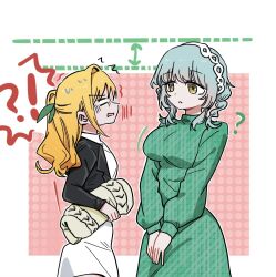  !? 2girls ? arrow_(symbol) black_jacket blank_eyes blonde_hair border braid breasts brown_eyes casual confused cowboy_shot cropped_jacket dalidari27 dress green_dress green_hair green_ribbons hair_intakes hair_ribbon half_updo height_difference height_envy highres holding inda_karane jacket kimi_no_koto_ga_dai_dai_dai_dai_daisuki_na_100-nin_no_kanojo large_breasts leather leather_jacket long_hair long_sleeves looking_at_another low_twin_braids motion_lines multiple_girls nemui_nemu official_alternate_costume official_alternate_hairstyle open_mouth outside_border own_hands_together patterned_clothing pink_background polka_dot polka_dot_background rectangular_mouth ribbon short_dress sideways_mouth small_breasts surprised sweatdrop turtleneck turtleneck_dress twin_braids v-shaped_eyebrows wavy_hair white_border white_dress 