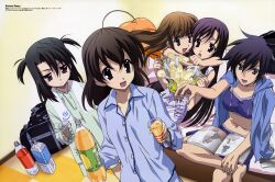  2000s_(style) 5girls absurdres ahoge arms_around_neck bag barefoot bed bent_over black_hair blue_eyes blue_hair book bottle brown_hair buttons chips_(food) cup drink drinking_glass everyone food gotou_junji grey_eyes happy highres hood hoodie hug jacket jacket_on_shoulders kanroji_nanami katsura_kotonoha kiyoura_setsuna kuroda_hikari long_hair magazine_(object) midriff multiple_girls navel official_art pajamas pink_eyes potato_chips purple_eyes purple_hair saionji_sekai scan school_days short_hair short_twintails shorts sitting soda_bottle spill sports_bra surprised towel twintails unamused very_long_hair 