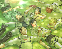  5boys ascot auruo_bossard black_hair blonde_hair book boots brown_hair commentary_request erd_gin eren_yeager female gunter_shulz levi_(shingeki_no_kyojin) lying multiple_boys petra_ral photoshop_(medium) shingeki_no_kyojin short_hair sleeping thigh_strap three-dimensional_maneuver_gear yappo_(point71) 