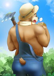  2017 anthro ass bear belly brown_body brown_fur clothed clothing eyewear farmer food fur furgonomics glasses hat headgear headwear hi_res hoe lifewonders male mammal orangetaming outside overalls portrait rear_view sandwich_(food) solo standing straw_hat tail tail_clothing three-quarter_portrait tokyo_afterschool_summoners tools towel volos_(tas) 