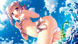  bekkankou bikini cloud day female flower game_cg hair_flower hair_ornament imageboard_desourced navel non-web_source official_art open_mouth outdoors photoshop_(medium) pink_eyes pink_hair sen_no_hatou_tsukisome_no_kouki side-tie_bikini_bottom sky solo splashing swimsuit tokita_kanami wading water 