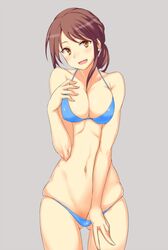  adjusting_clothes adjusting_swimsuit bad_id bad_pixiv_id bikini bikini_pull blue_bikini blush breasts brown_eyes brown_hair clothes_pull coco_nesta cowboy_shot female grey_background halterneck hand_on_own_chest idolmaster idolmaster_cinderella_girls large_breasts looking_at_viewer mifune_miyu navel open_mouth pulling_own_clothes simple_background solo swimsuit 