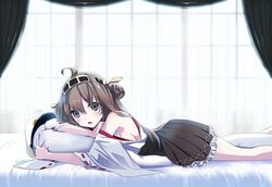  ahoge blush breasts brown_hair commentary_request detached_sleeves female hairband hat headgear kantai_collection kongou_(kancolle) large_breasts long_hair looking_at_viewer lying nontraditional_miko on_stomach open_mouth sideboob skirt solo wide_sleeves yonasawa 