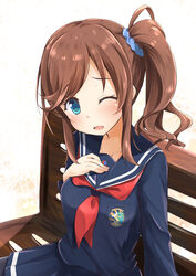  alternate_costume badge bench blue_skirt brown_hair commentary_request female green_eyes hair_ornament hair_scrunchie hand_on_own_chest high_school_fleet ise_sakura long_hair long_sleeves neckerchief one_eye_closed pirason pleated_skirt red_neckerchief school_uniform scrunchie serafuku side_ponytail sitting skirt solo yokosuka_girls_marine_high_school_uniform 