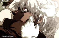  1boy captain_(hellsing) commentary_request cotton_swab dark-skinned_male dark_skin ear_cleaning hellsing imasan male_focus red_eyes solo white_hair 