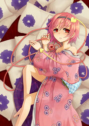  bare_shoulders blush commentary_request eyeball female hairband heart hiiragi_shou japanese_clothes kimono komeiji_satori parted_lips pink_hair pink_kimono red_eyes short_hair solo third_eye touhou 