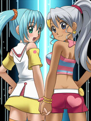  2girls bakugan bakugan_battle_brawlers blue_hair green_eyes grey_hair julie_heyward long_hair looking_back misaki_runo multiple_girls twintails 