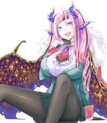  :d bad_id bad_pixiv_id black_gloves black_pantyhose blue_eyes breasts cape commentary fangs female gloves heterochromia horns large_breasts long_hair mila_(yuta27315) open_mouth original pantyhose pink_hair purple_eyes sitting skirt smile solo 