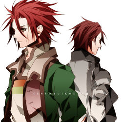  2boys albert_silverberg brothers caesar_silverberg commentary_request copyright_name gensou_suikoden gensou_suikoden_iii green_eyes jacket male_focus multiple_boys rasshel red_hair siblings 