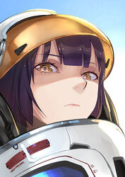  astronaut brown_hair closed_mouth commentary_request female helmet konghai_shanren looking_at_viewer original photoshop_(medium) pink_lips portrait short_hair solo spacesuit yellow_eyes 