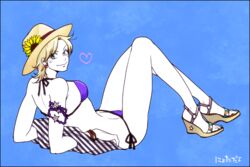  bikini blonde_hair caesar_anthonio_zeppeli commentary_request earrings facial_mark female flower full_body genderswap_(mtf) green_eyes halterneck hat high_heels jewelry jojo_no_kimyou_na_bouken leaning_back rule_63 sandals shoes side-tie_bikini_bottom solo star_(symbol) star_earrings string_bikini sun_hat sunflower swimsuit yokozawa_(pyu-tohuku) 