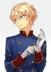  1boy 8c adjusting_clothes adjusting_gloves aldnoah.zero bad_id bad_pixiv_id blonde_hair formal gloves green_eyes highres male_focus military military_uniform photoshop_(medium) simple_background slaine_troyard solo uniform white_gloves 