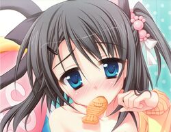  barefoot black_hair blue_eyes blush catgirl hatsuyuki_sakura hontani_kanae shinonome_nozumu short_hair taiyaki 