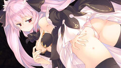  ass ass_grab black_thighhighs blush bug_bite detached_sleeves dungeon_travelers_2 female grabbing_own_ass lilian_craper long_hair panties pink_hair red_eyes solo sumaki_shungo thighhighs twintails underwear upskirt white_panties wide_sleeves 