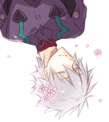  1boy bad_id bad_pixiv_id closed_eyes evangelion:_3.0_you_can_(not)_redo flower grey_hair hair_flower hair_ornament male_focus nagisa_kaworu neon_genesis_evangelion petals plugsuit rebuild_of_evangelion sagari24 solo upside-down 